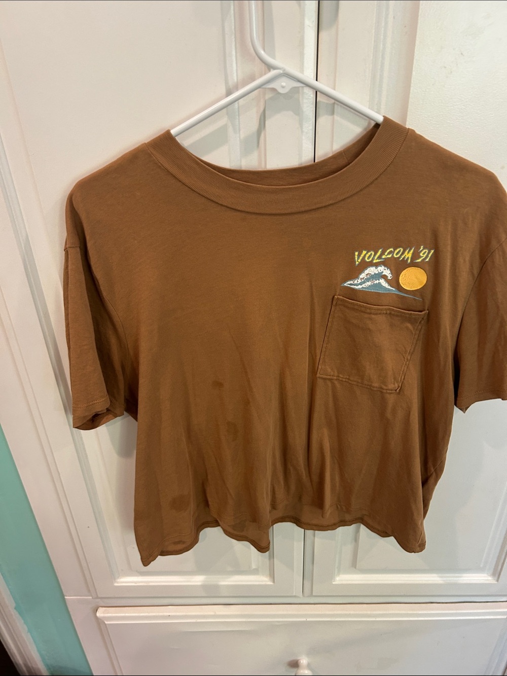 Volcom Brown Short-Sleeve Crop Tee with Chest Pocket - Picture 2 of 3
